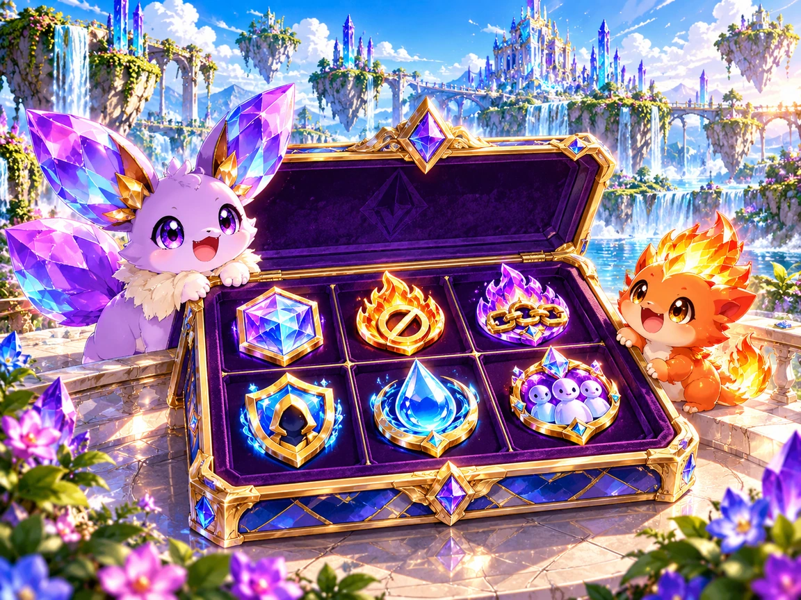 A jeweled Crystal Vault containing six Etherwild token information emblems